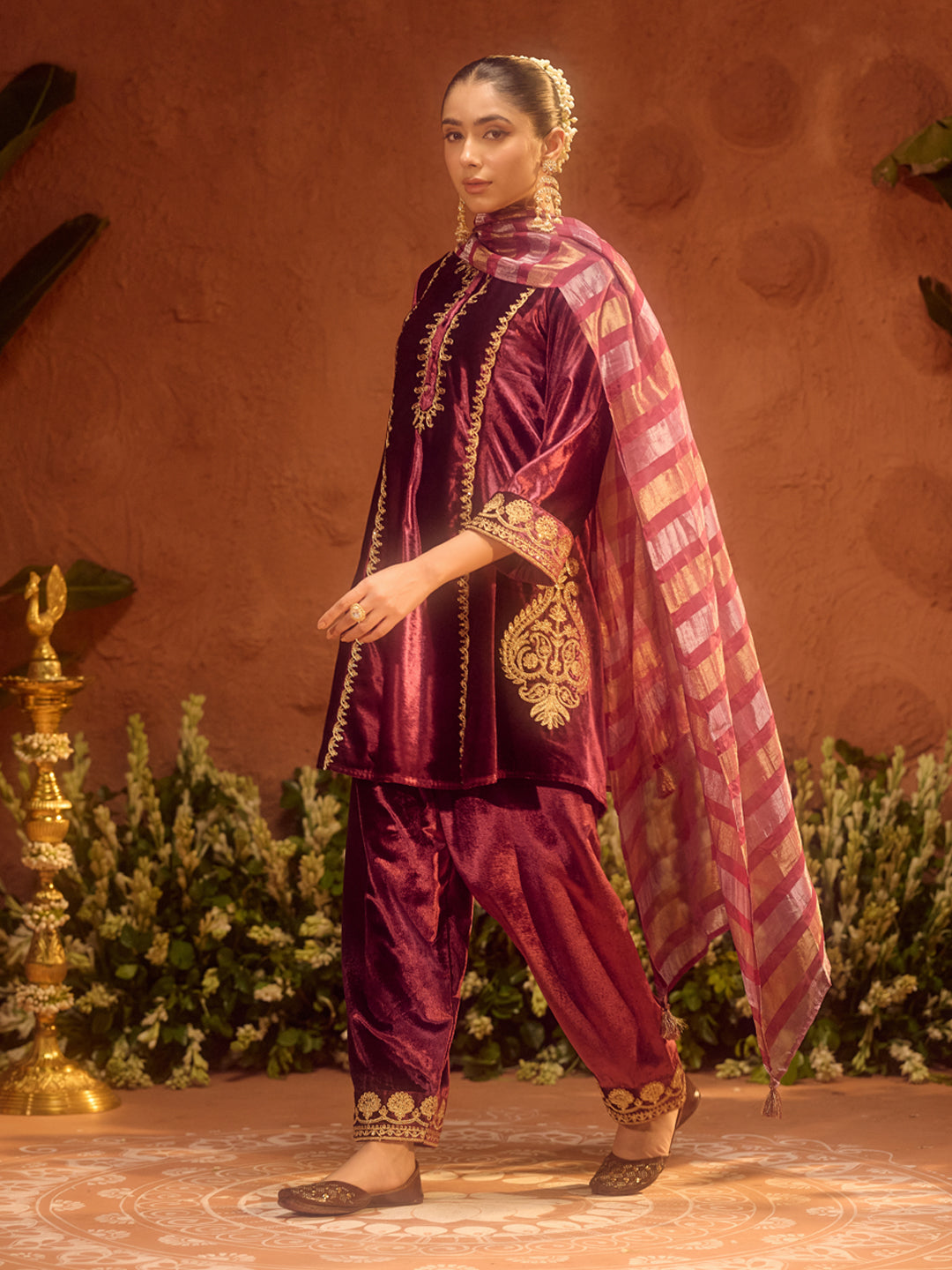 FIORRA Women Wine Ice Velvet Embroidered Kurta Set with Dupatta