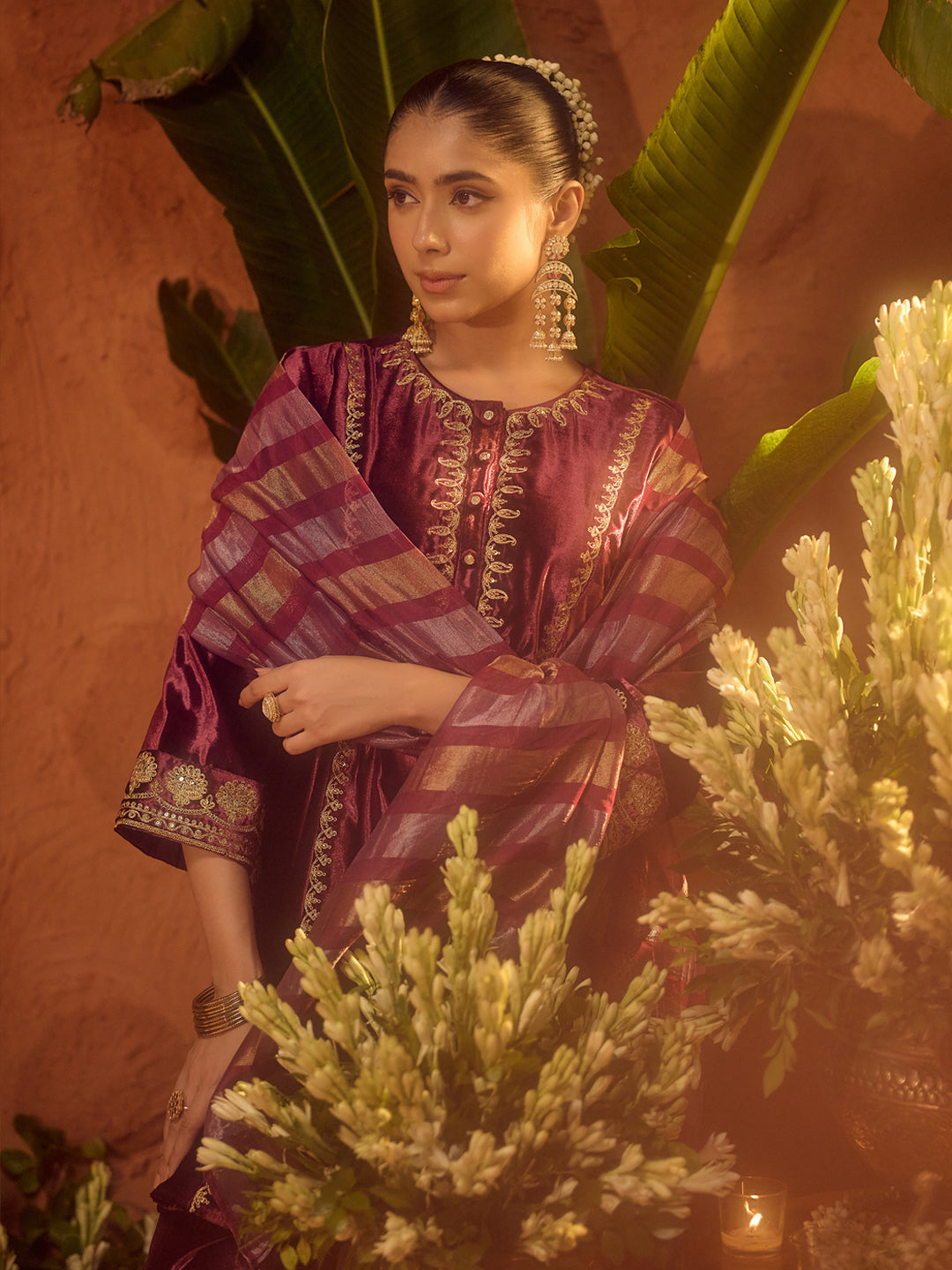 FIORRA Women Wine Ice Velvet Embroidered Kurta Set with Dupatta