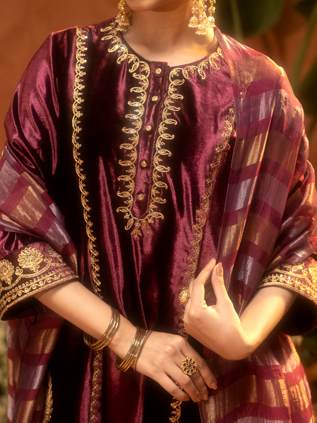 FIORRA Women Wine Ice Velvet Embroidered Kurta Set with Dupatta