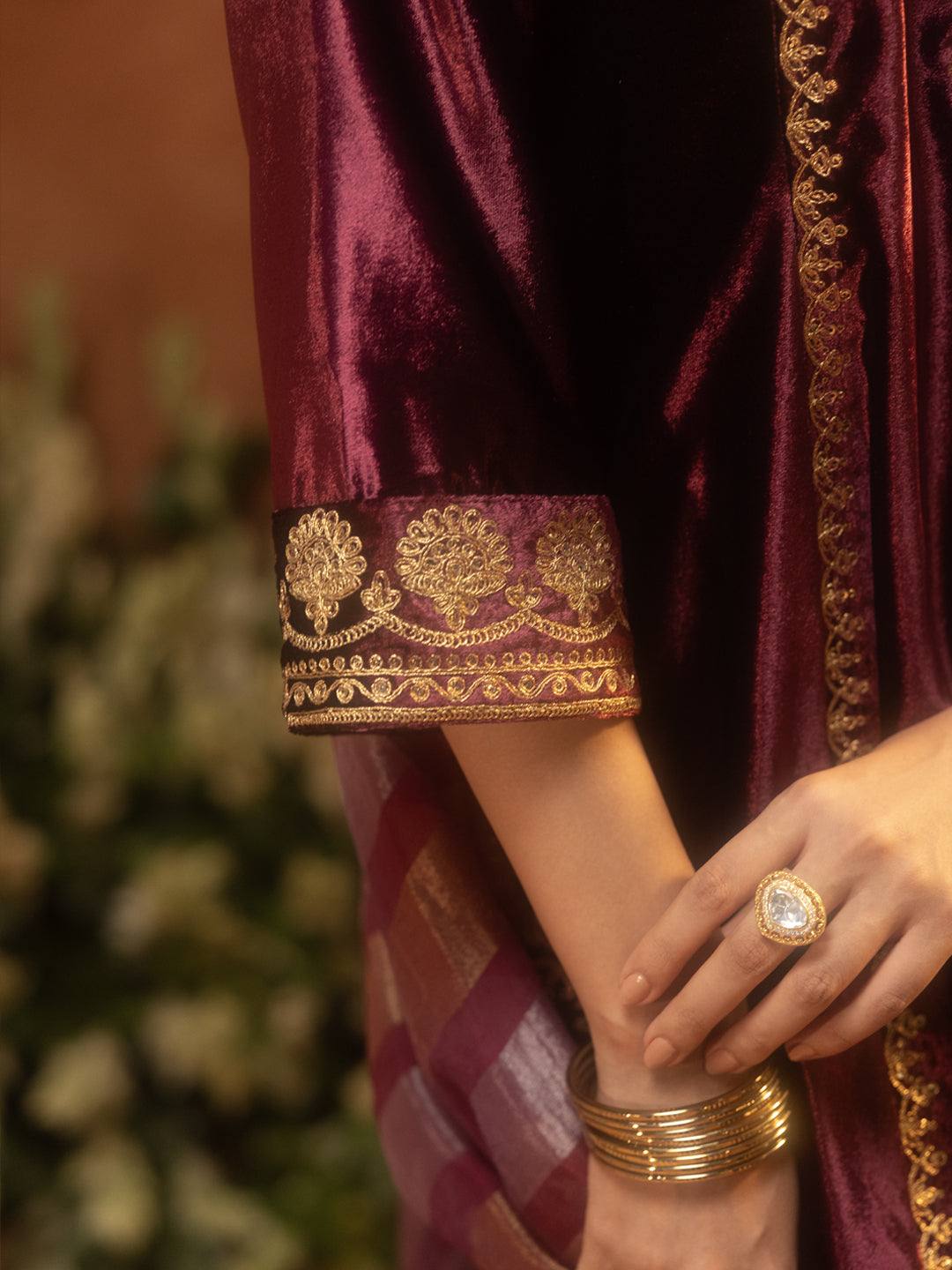 FIORRA Women Wine Ice Velvet Embroidered Kurta Set with Dupatta