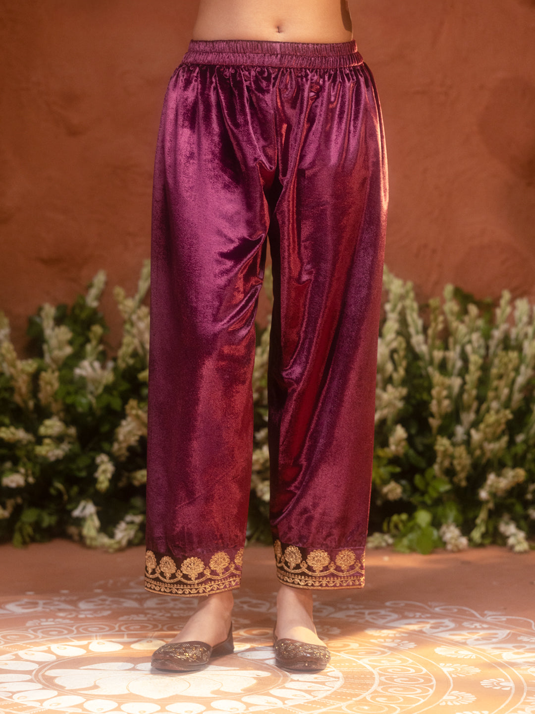 FIORRA Women Wine Ice Velvet Embroidered Kurta Set with Dupatta