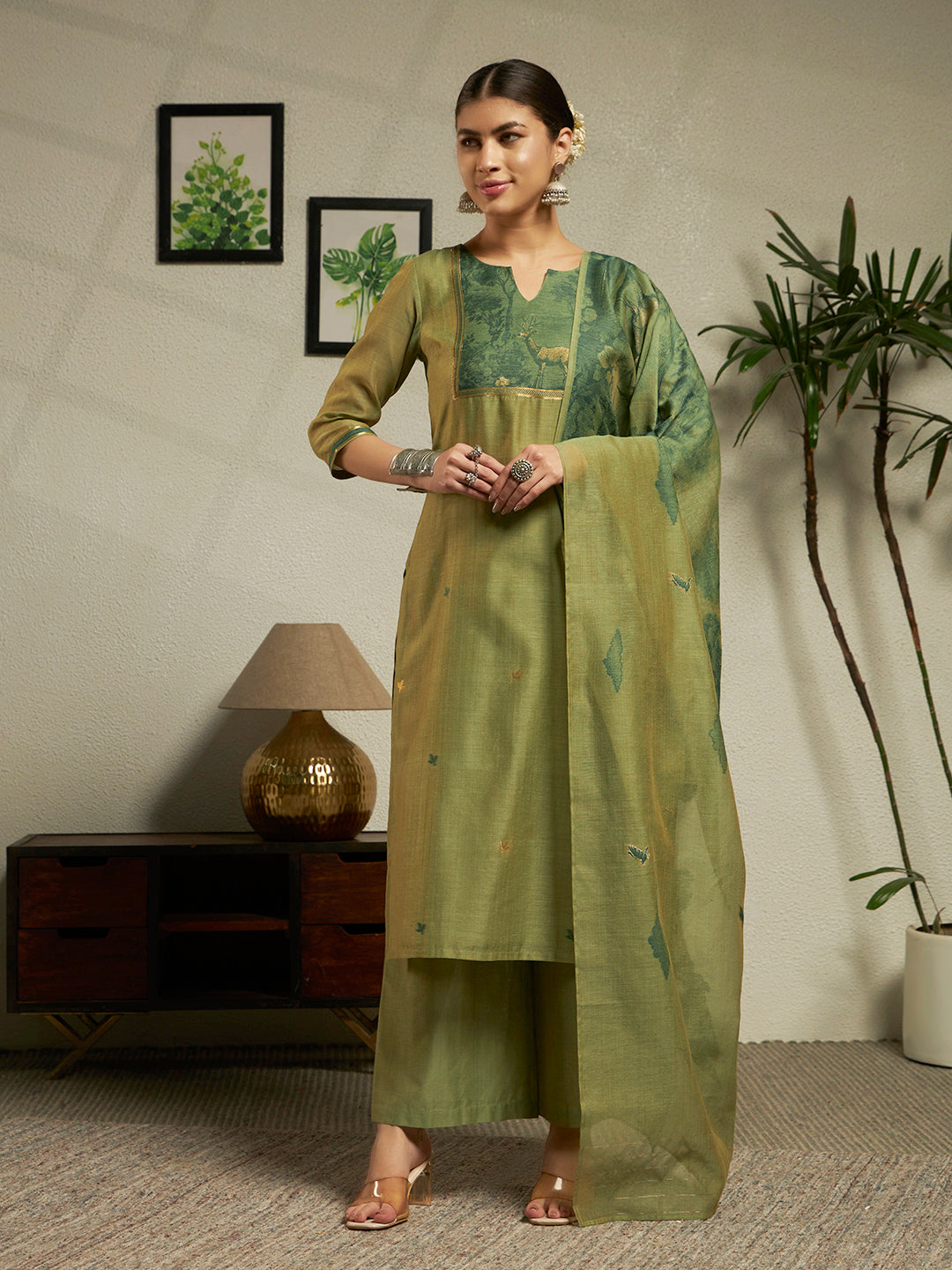 FIORRA Women Green Cotton Blend Jacquard Woven Kurta Set with Dupatta