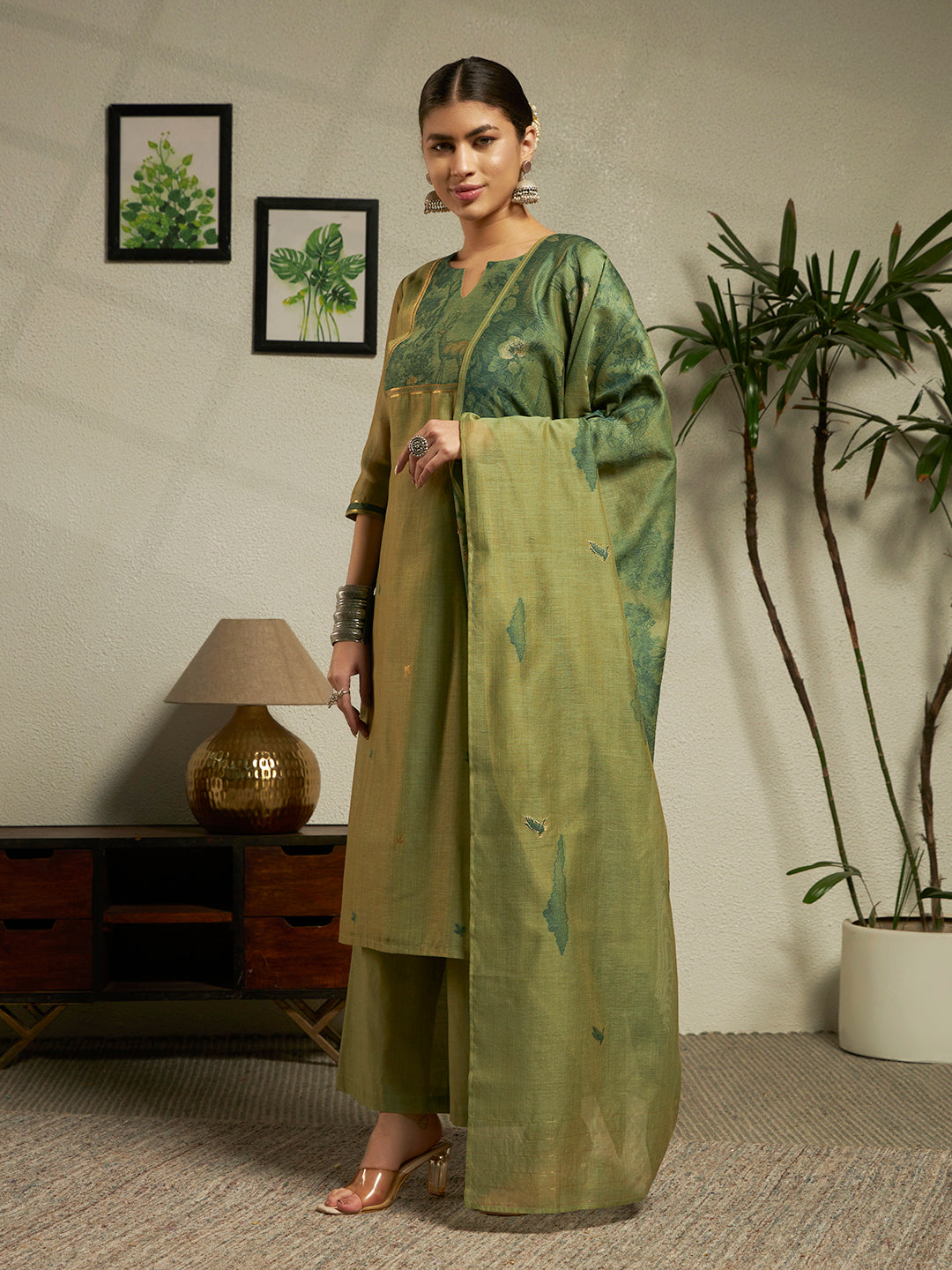 FIORRA Women Green Cotton Blend Jacquard Woven Kurta Set with Dupatta