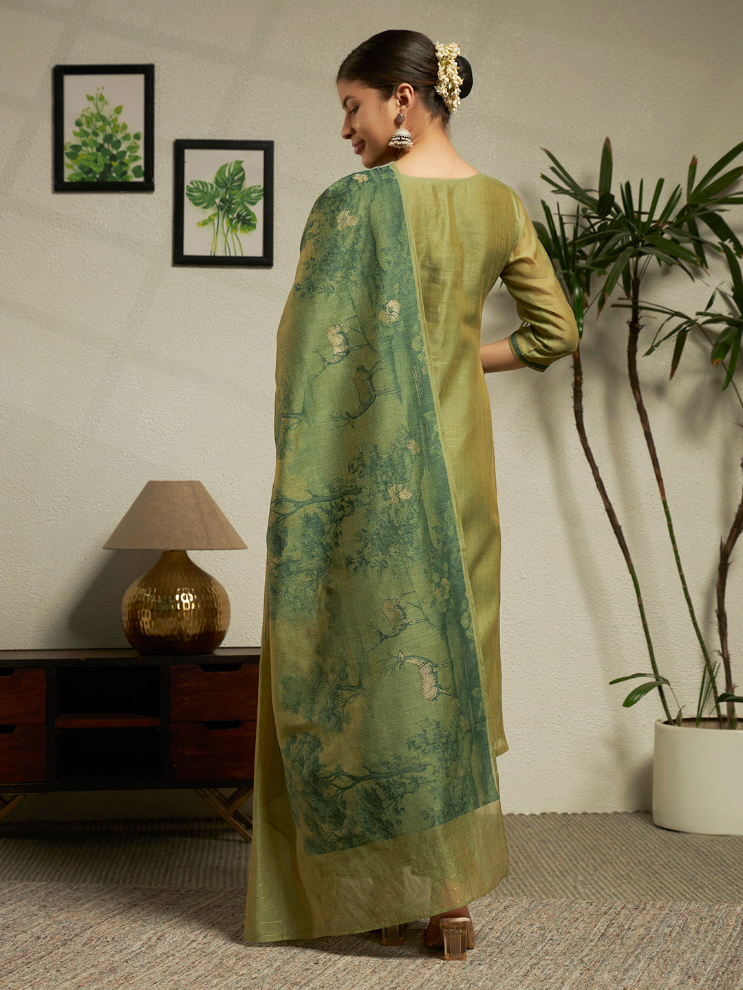 FIORRA Women Green Cotton Blend Jacquard Woven Kurta Set with Dupatta