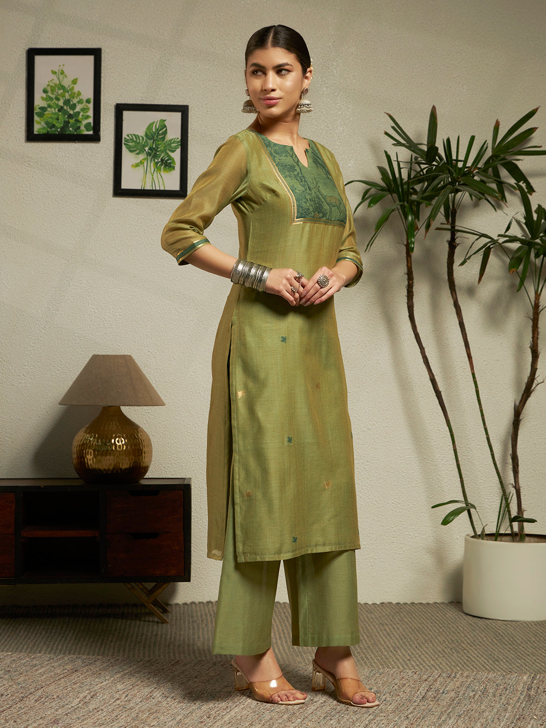FIORRA Women Green Cotton Blend Jacquard Woven Kurta Set with Dupatta