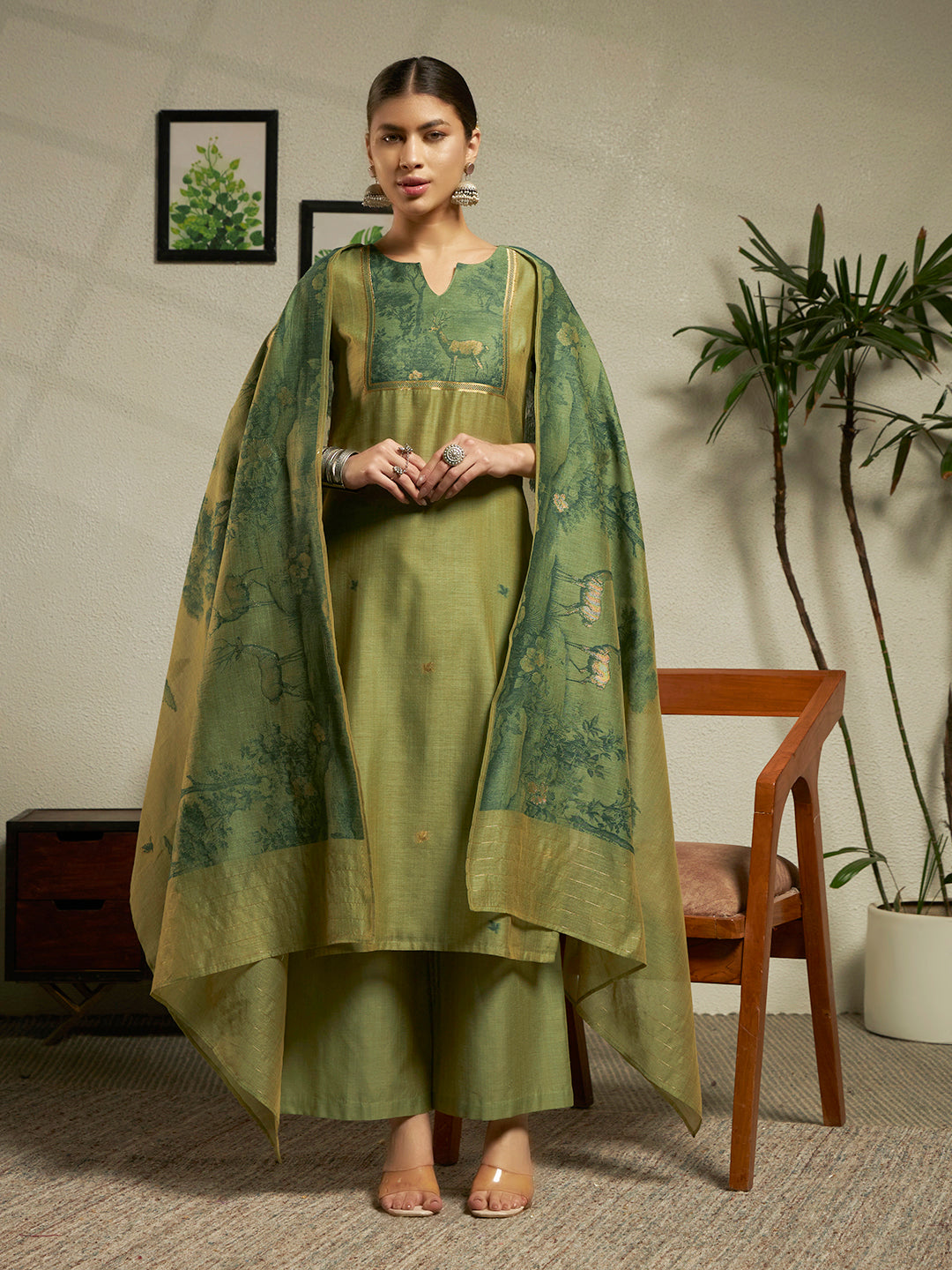 FIORRA Women Green Cotton Blend Jacquard Woven Kurta Set with Dupatta