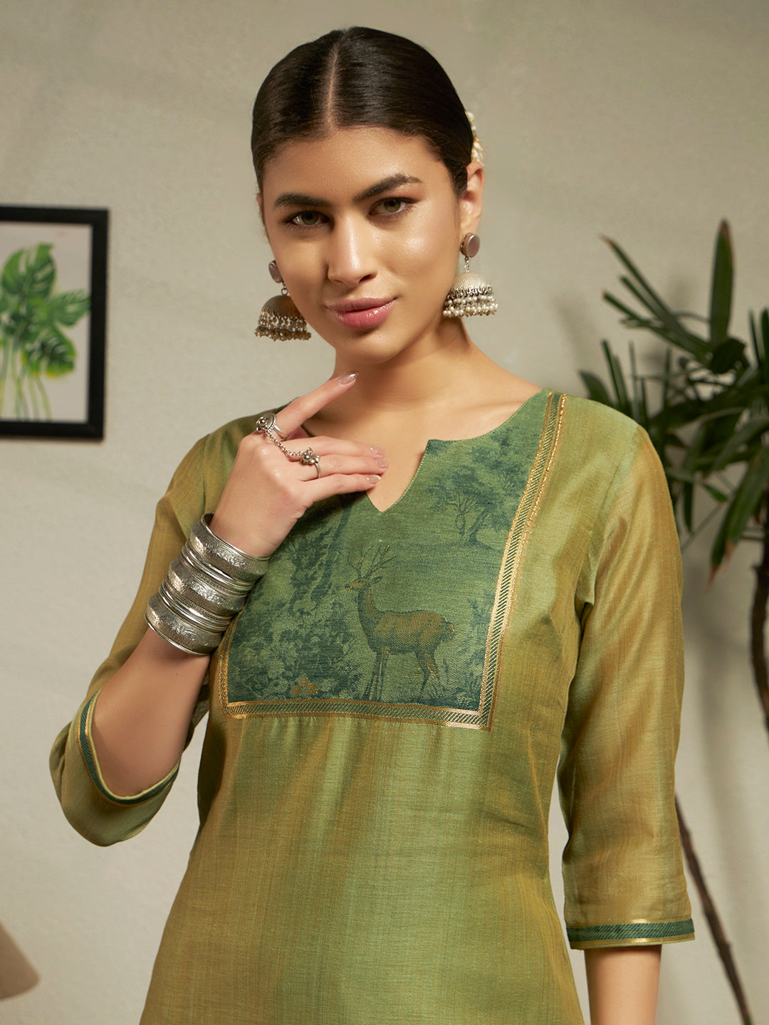 FIORRA Women Green Cotton Blend Jacquard Woven Kurta Set with Dupatta