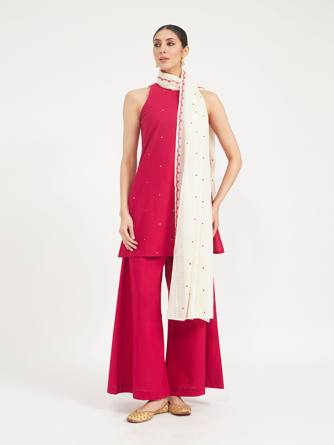 FIORRA Women Pink Embroidered Cotton Kurta Set with Dupatta