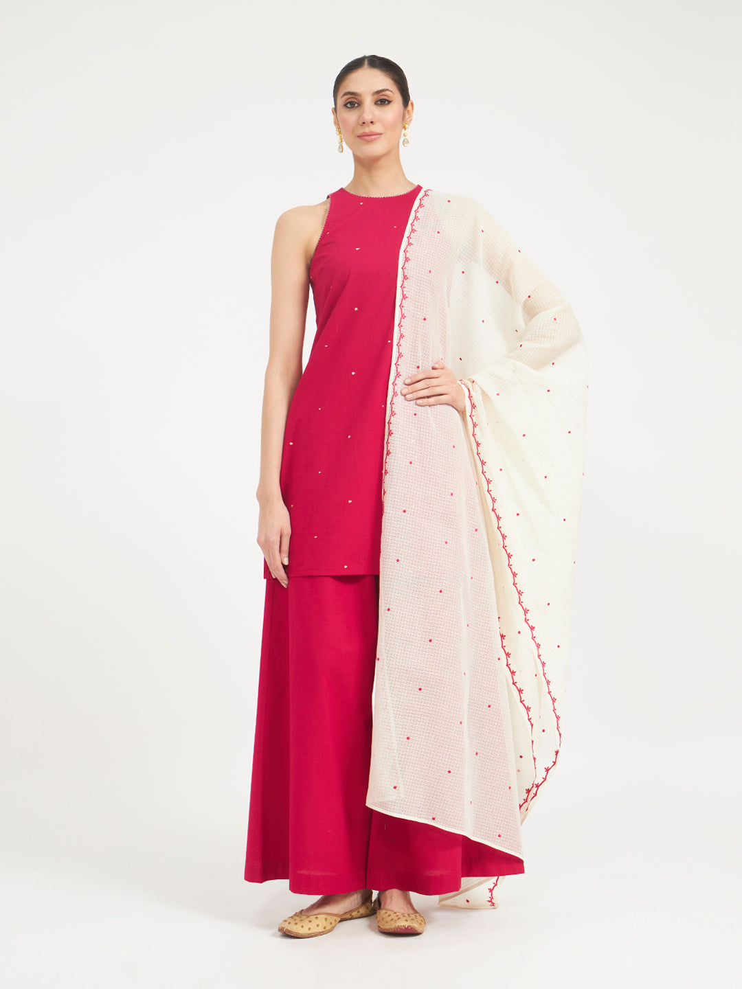 FIORRA Women Pink Embroidered Cotton Kurta Set with Dupatta
