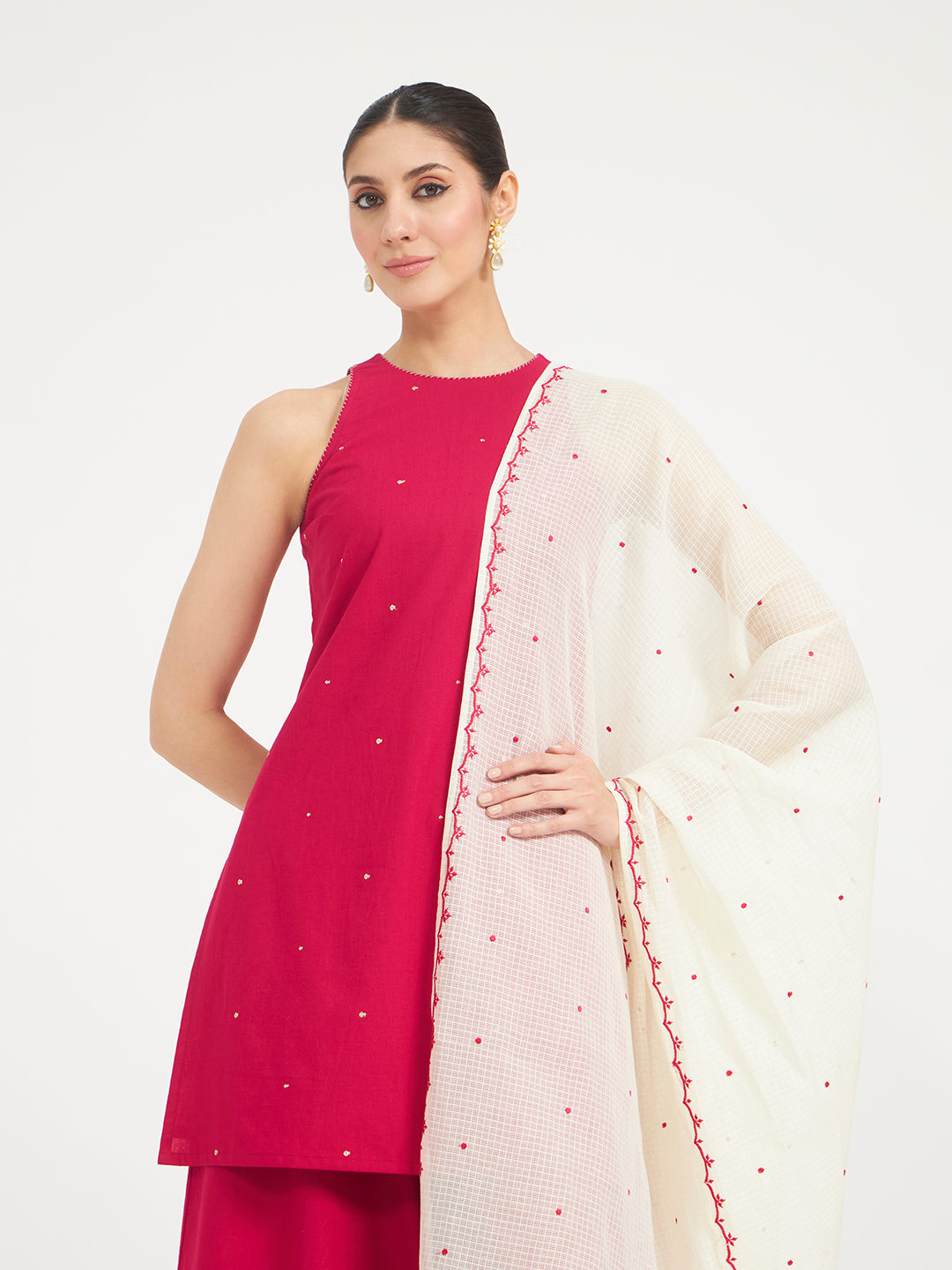 FIORRA Women Pink Embroidered Cotton Kurta Set with Dupatta