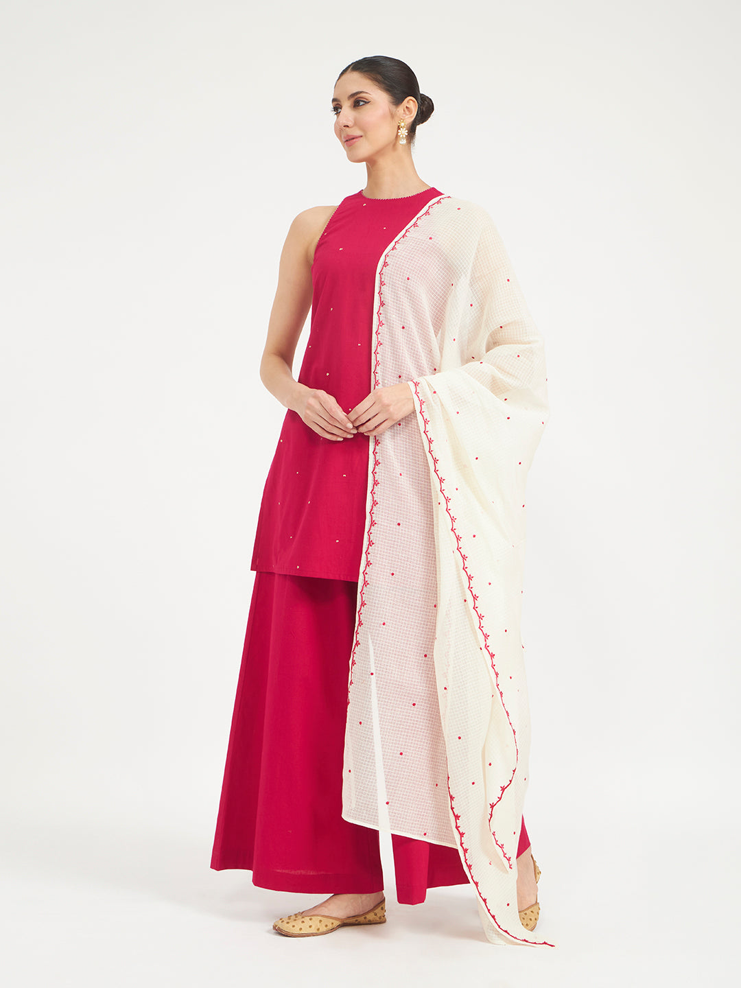 FIORRA Women Pink Embroidered Cotton Kurta Set with Dupatta