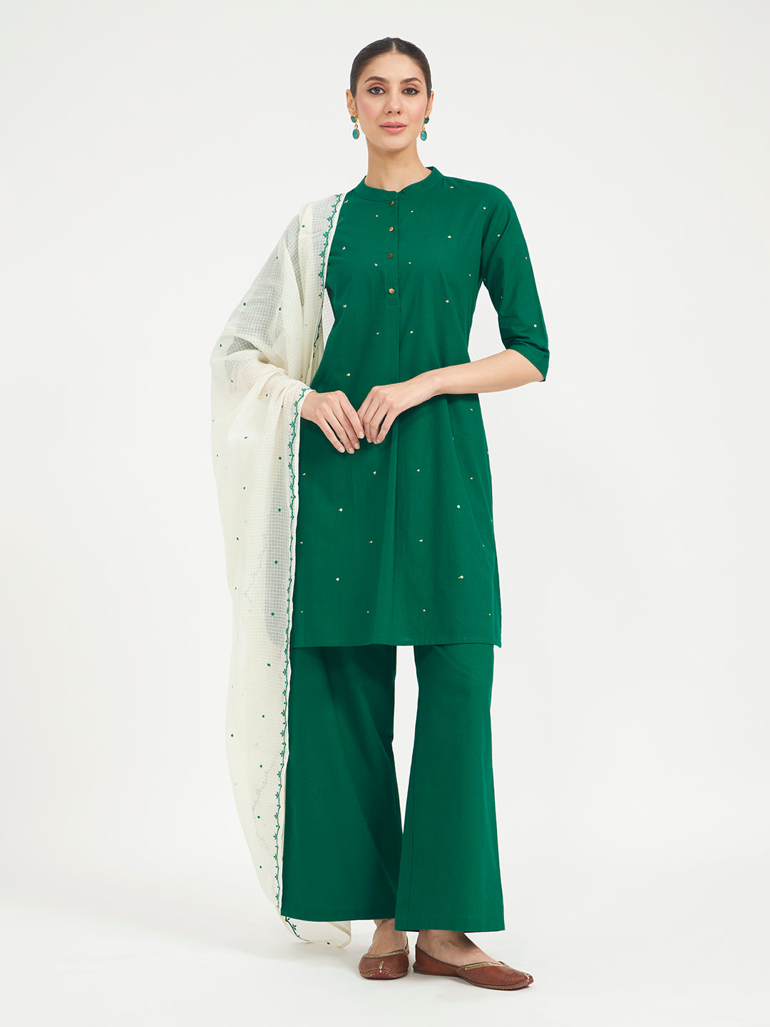 FIORRA Women Green Embroidered Cotton Kurta Set with Dupatta