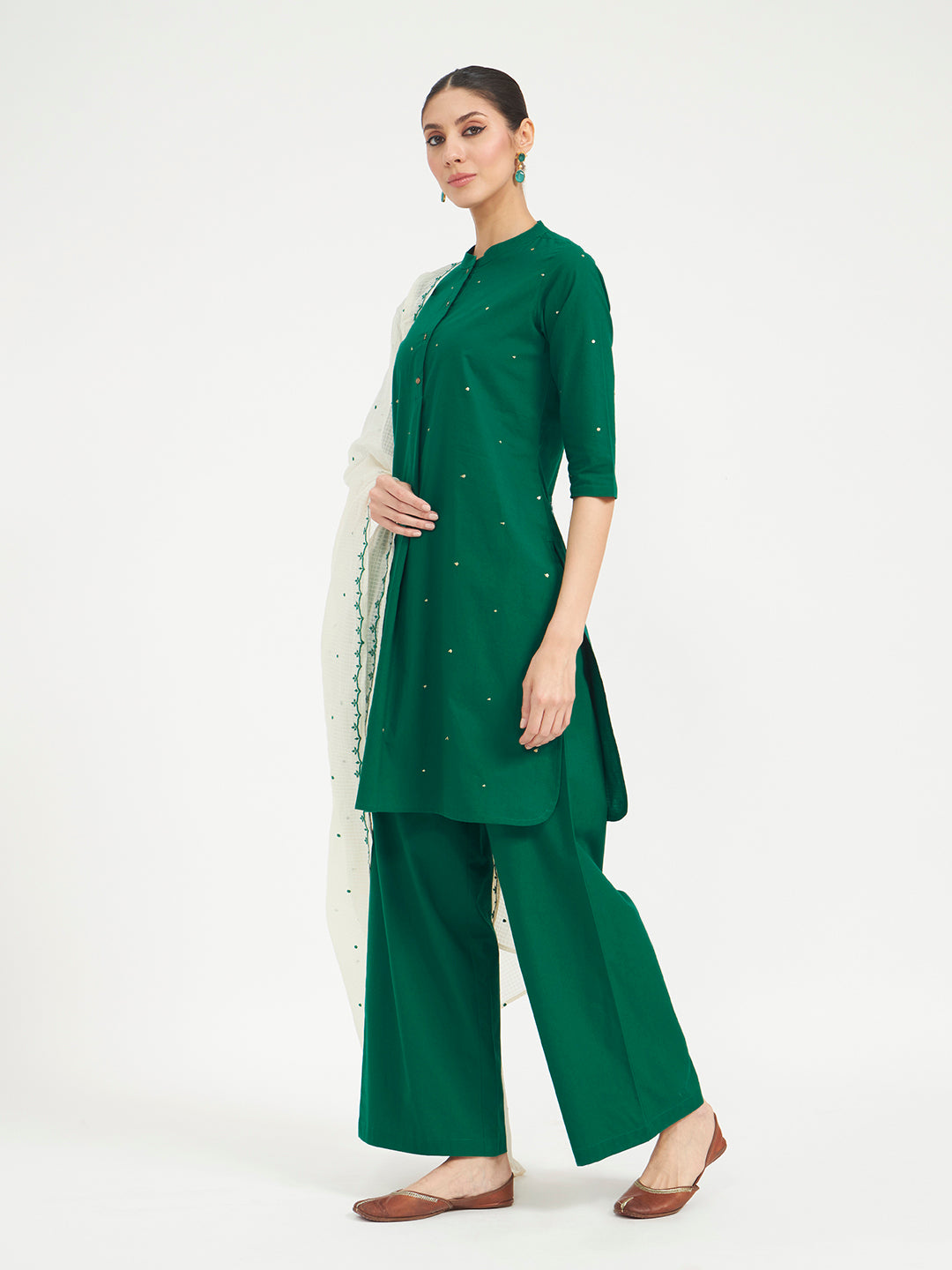 FIORRA Women Green Embroidered Cotton Kurta Set with Dupatta