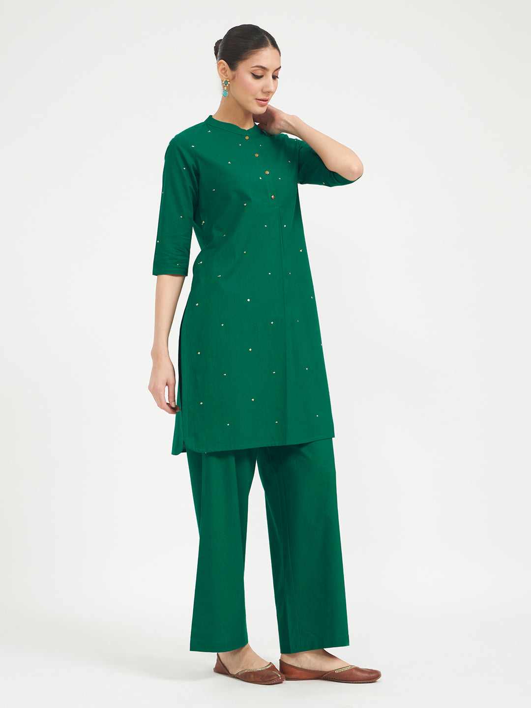 FIORRA Women Green Embroidered Cotton Kurta Set with Dupatta