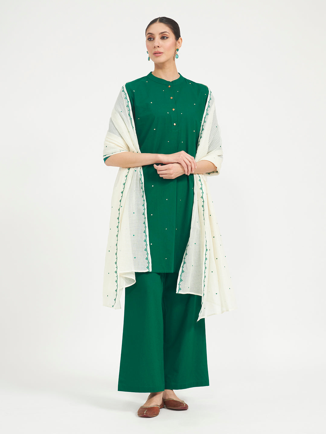 FIORRA Women Green Embroidered Cotton Kurta Set with Dupatta