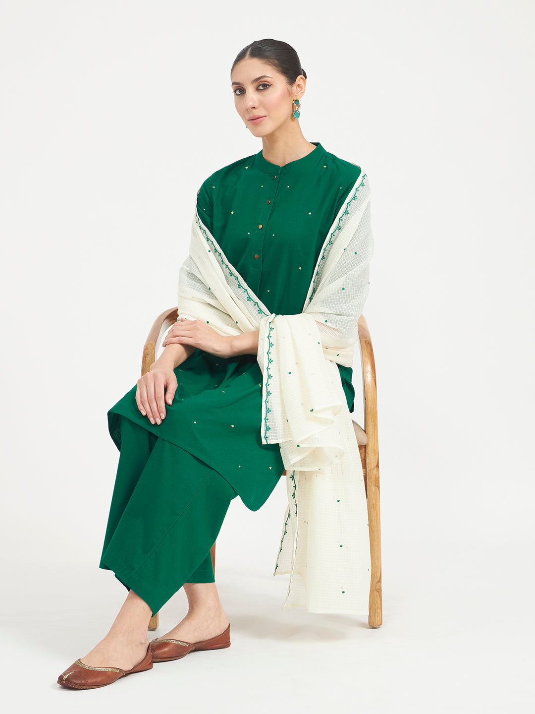 FIORRA Women Green Embroidered Cotton Kurta Set with Dupatta