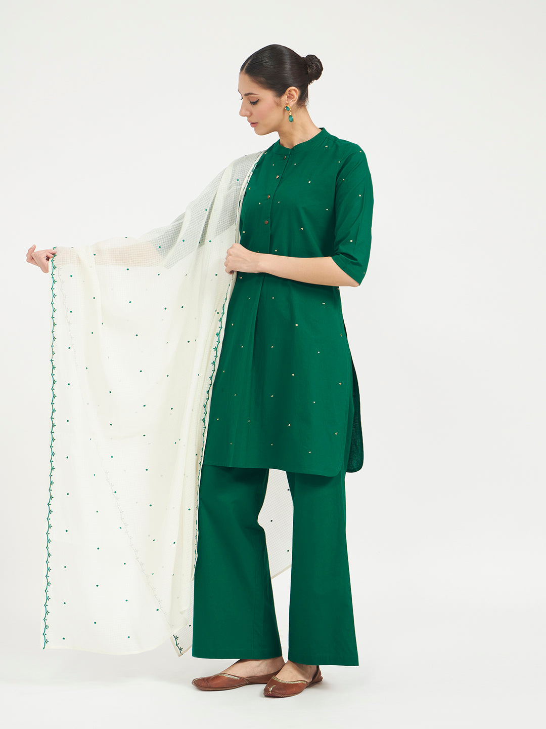 FIORRA Women Green Embroidered Cotton Kurta Set with Dupatta