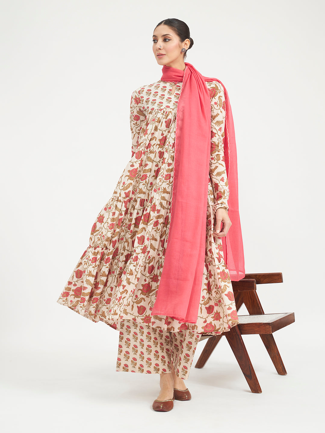 FIORRA Women Beige Floral Printed Pure Cotton Anarkali Kurta Set with Dupatta