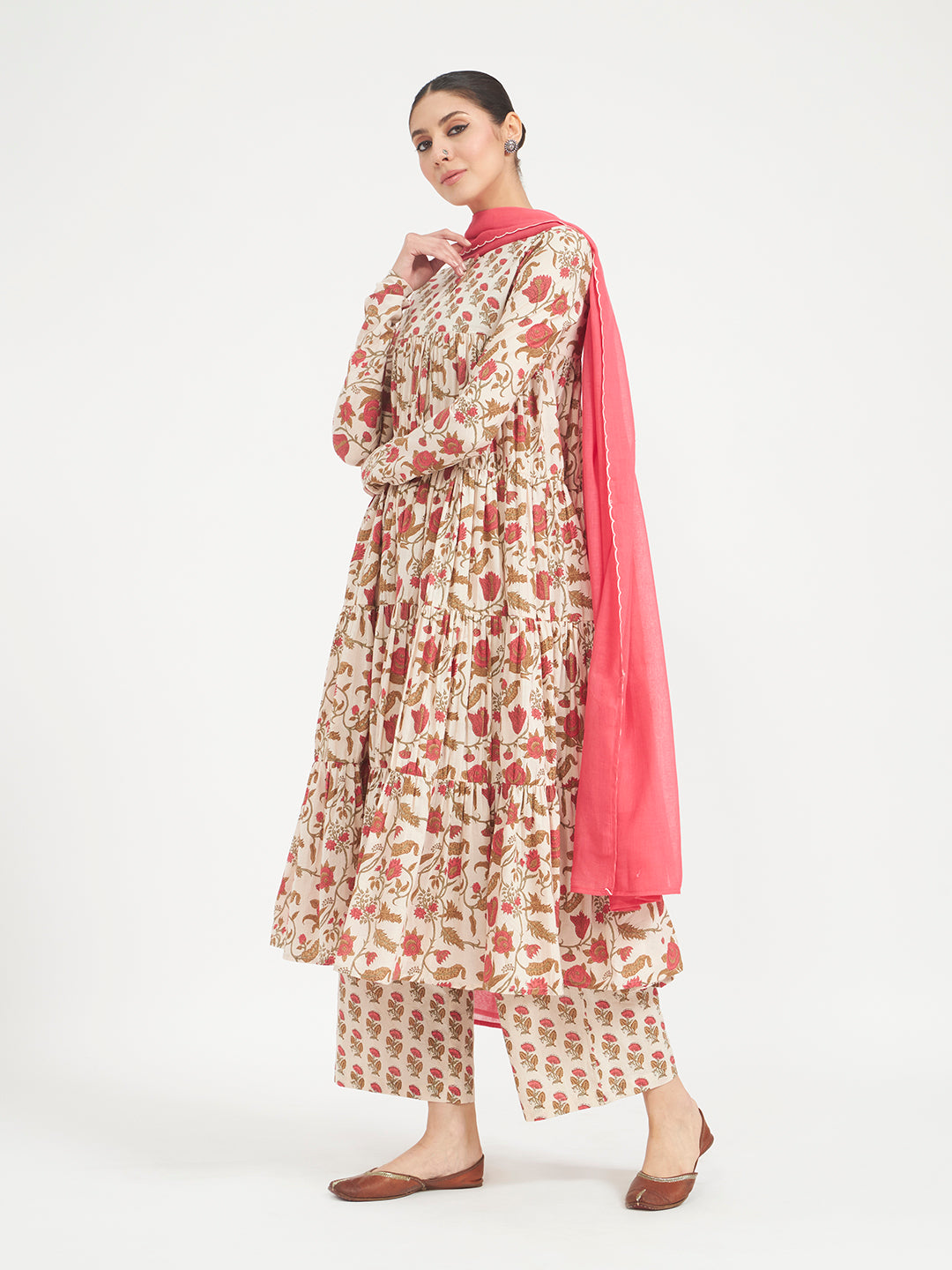 FIORRA Women Beige Floral Printed Pure Cotton Anarkali Kurta Set with Dupatta