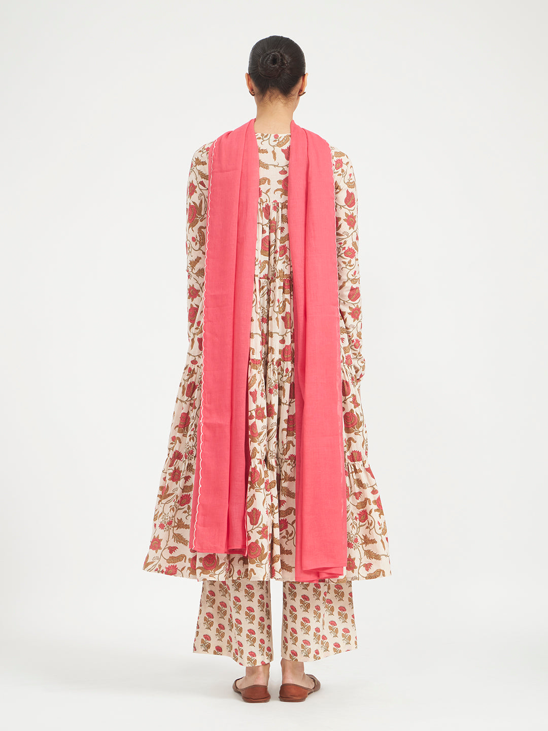 FIORRA Women Beige Floral Printed Pure Cotton Anarkali Kurta Set with Dupatta