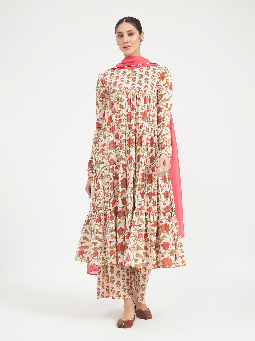 FIORRA Women Beige Floral Printed Pure Cotton Anarkali Kurta Set with Dupatta