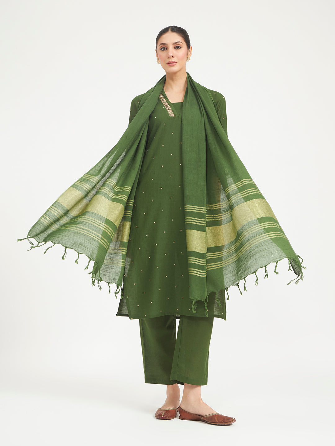FIORRA Women Green Embroidered Linen Kurta Set with Dupatta