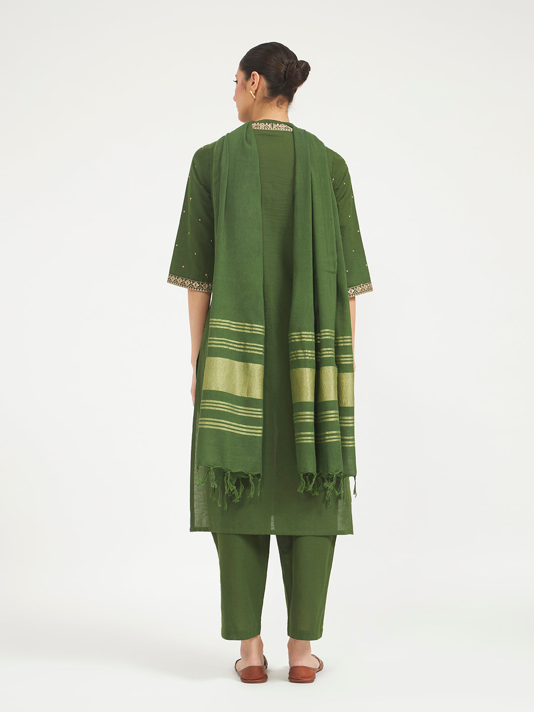 FIORRA Women Green Embroidered Linen Kurta Set with Dupatta