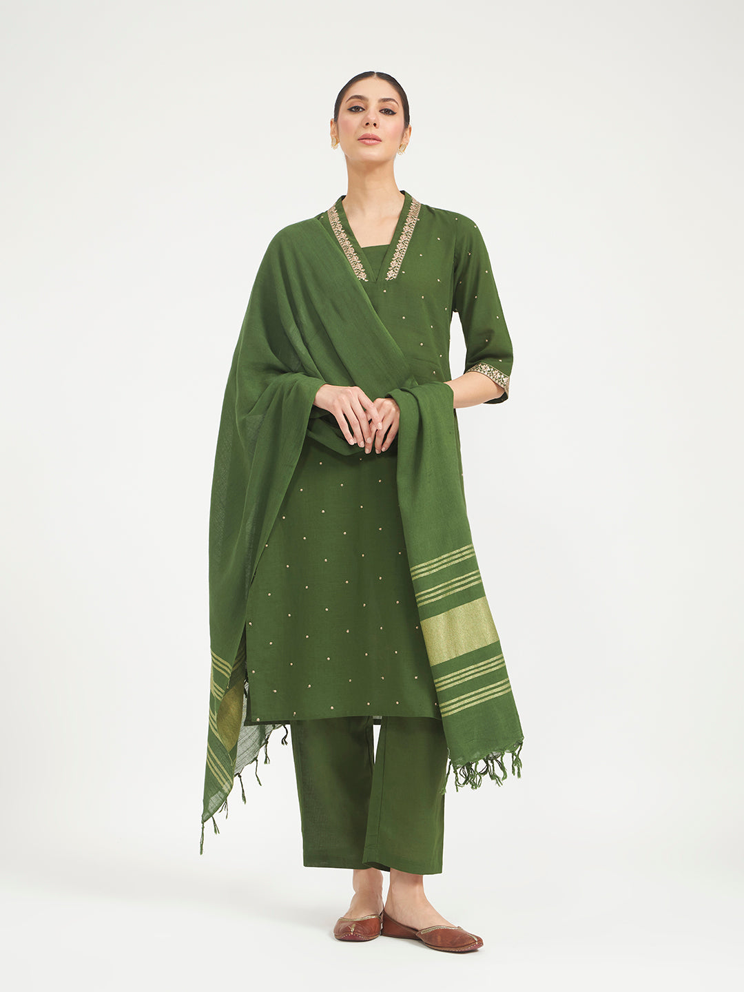 FIORRA Women Green Embroidered Linen Kurta Set with Dupatta