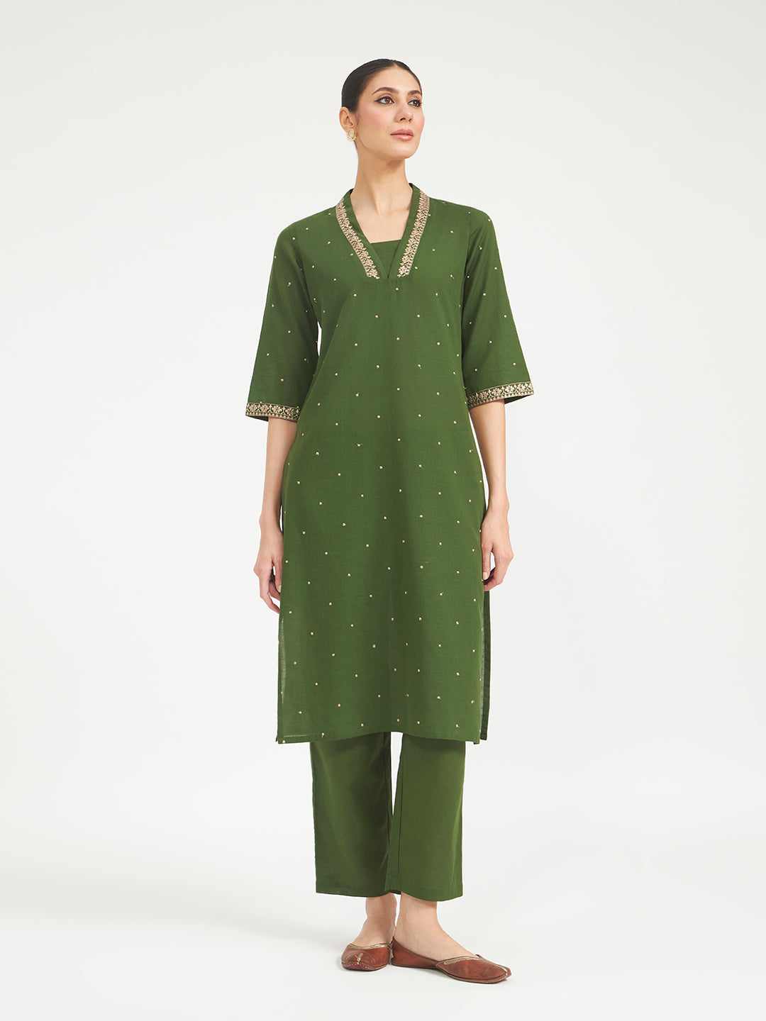 FIORRA Women Green Embroidered Linen Kurta Set with Dupatta