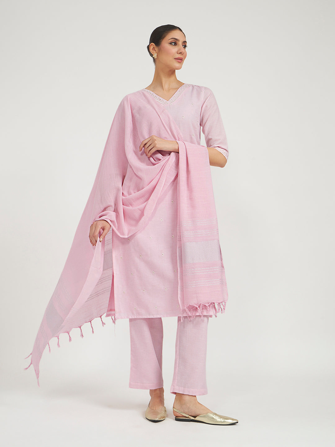 FIORRA Women Baby Pink Embroidered Linen Kurta Set with Dupatta