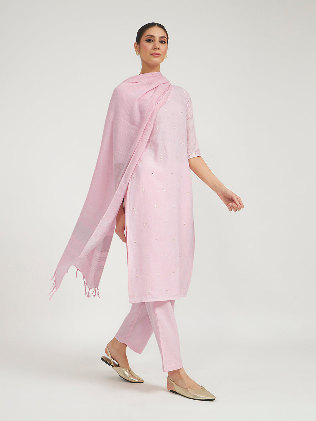 FIORRA Women Baby Pink Embroidered Linen Kurta Set with Dupatta