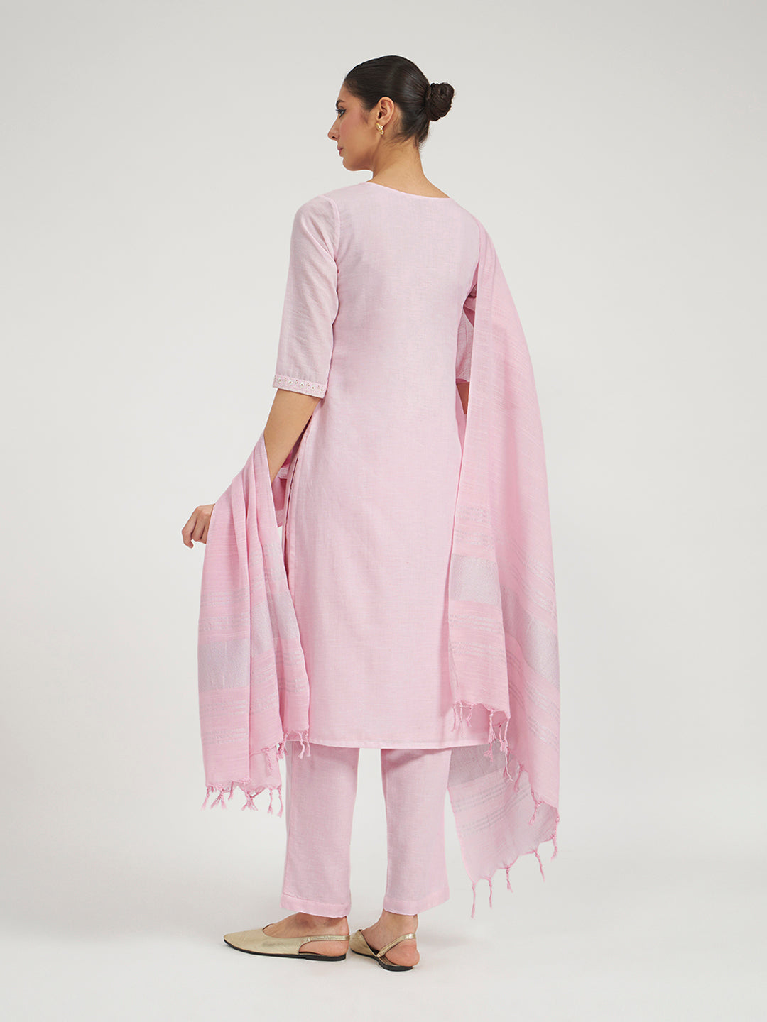 FIORRA Women Baby Pink Embroidered Linen Kurta Set with Dupatta