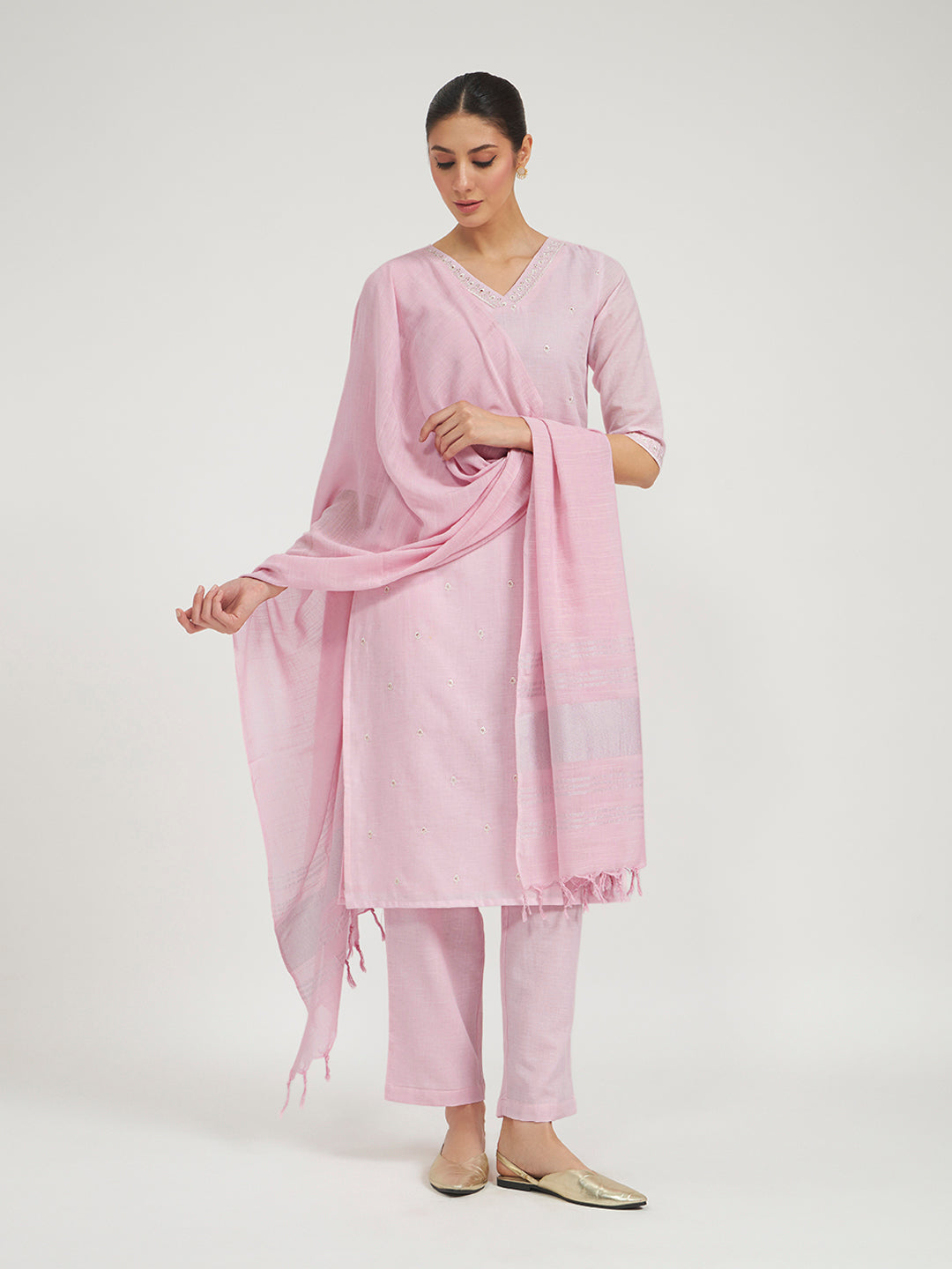 FIORRA Women Baby Pink Embroidered Linen Kurta Set with Dupatta