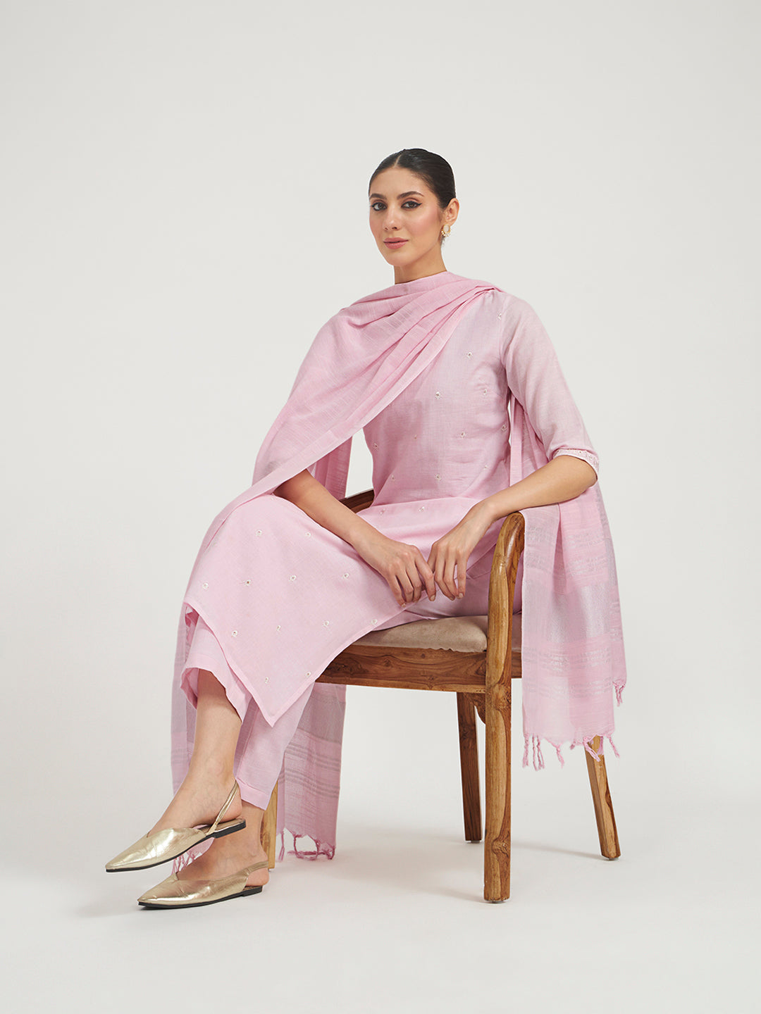 FIORRA Women Baby Pink Embroidered Linen Kurta Set with Dupatta