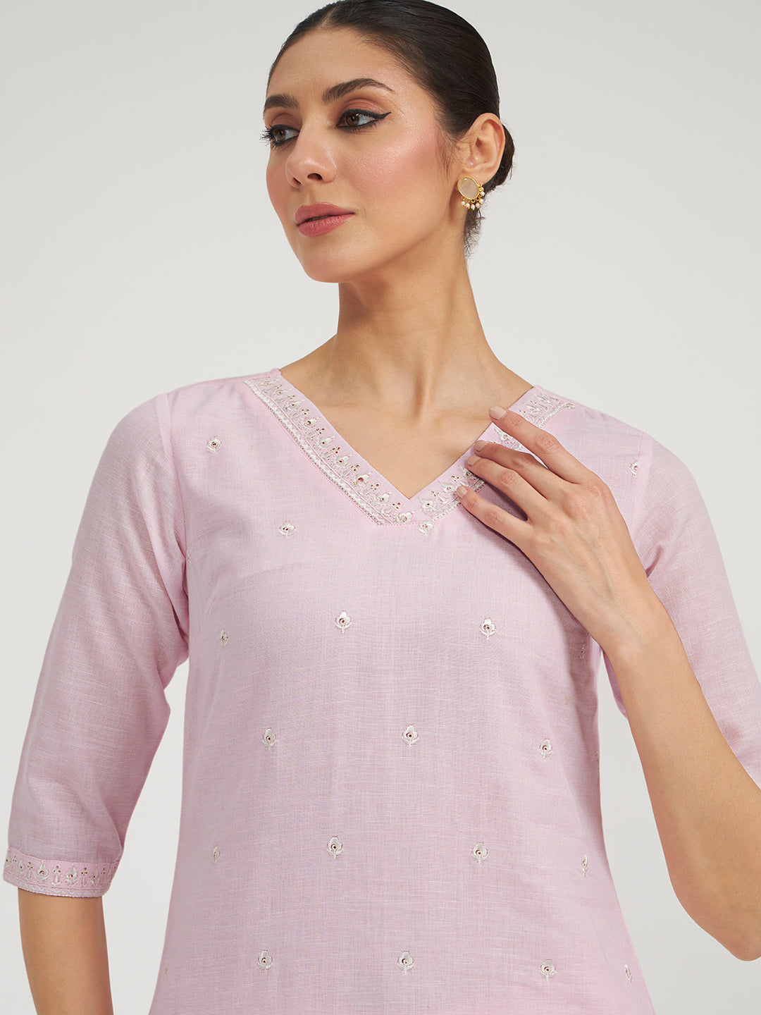 FIORRA Women Baby Pink Embroidered Linen Kurta Set with Dupatta