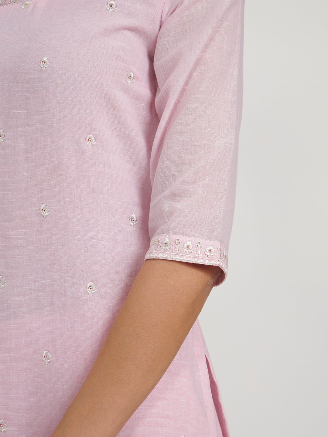FIORRA Women Baby Pink Embroidered Linen Kurta Set with Dupatta