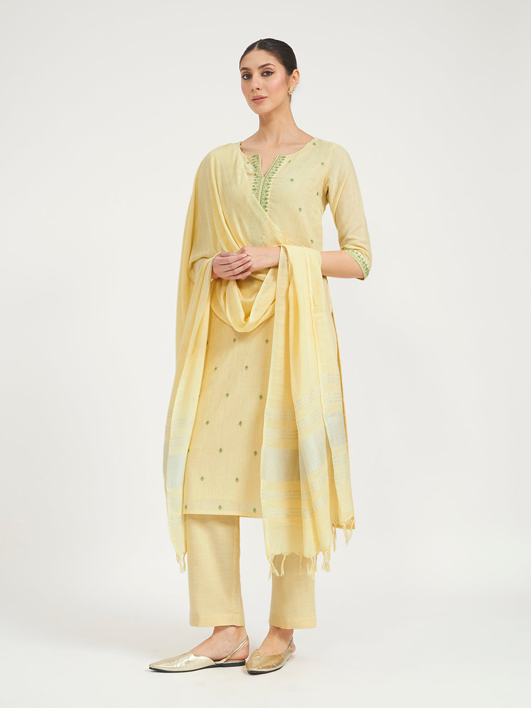FIORRA Women Lemon Yellow Embroidered Linen Kurta Set with Dupatta