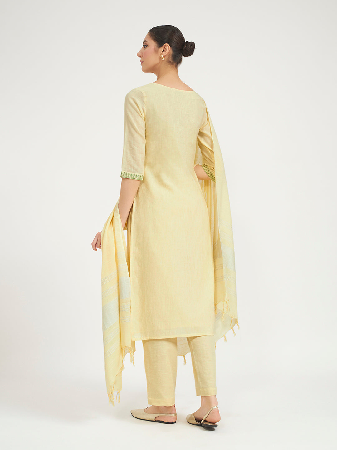 FIORRA Women Lemon Yellow Embroidered Linen Kurta Set with Dupatta