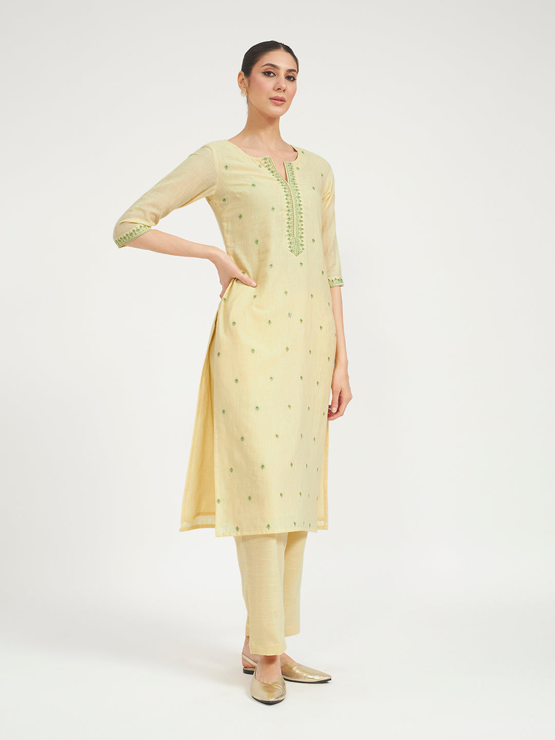 FIORRA Women Lemon Yellow Embroidered Linen Kurta Set with Dupatta