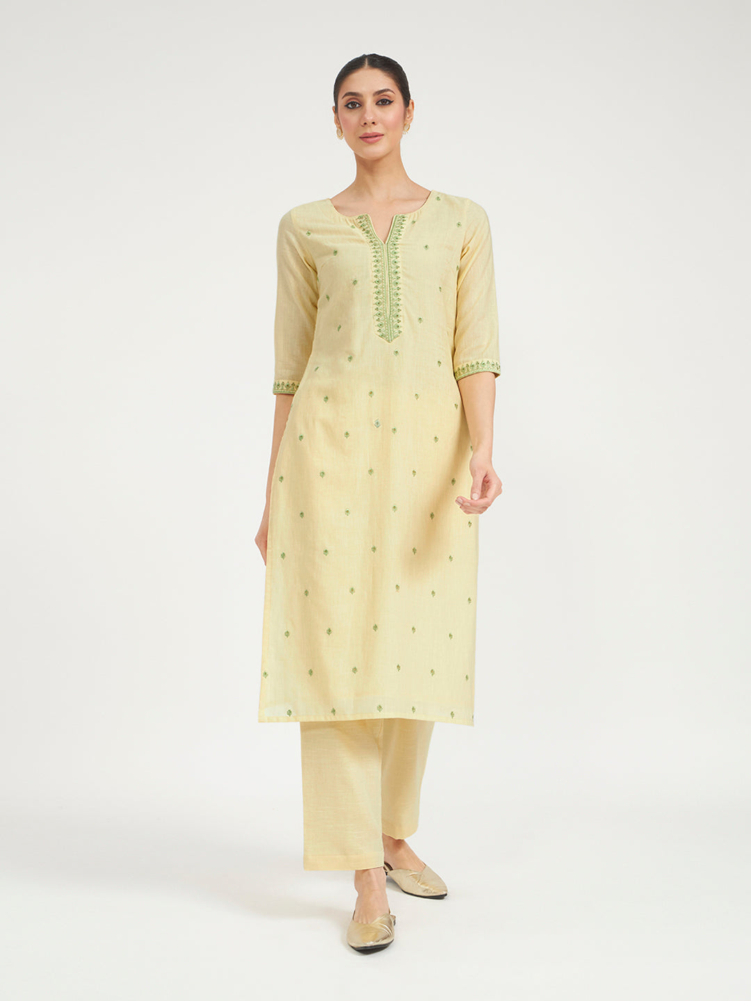 FIORRA Women Lemon Yellow Embroidered Linen Kurta Set with Dupatta
