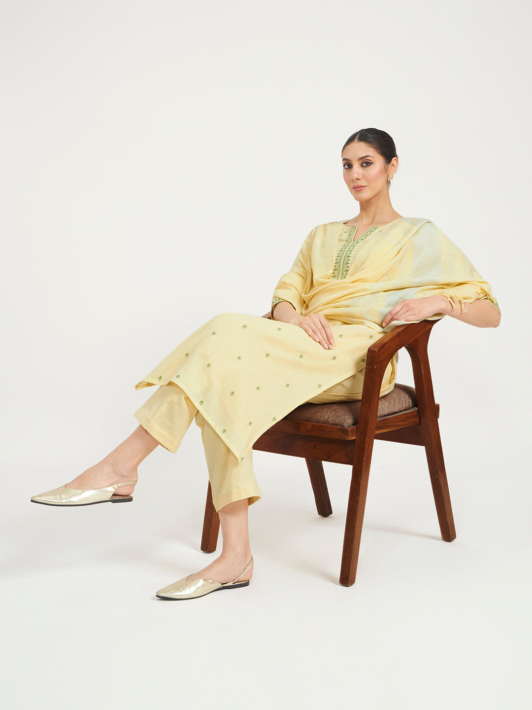 FIORRA Women Lemon Yellow Embroidered Linen Kurta Set with Dupatta
