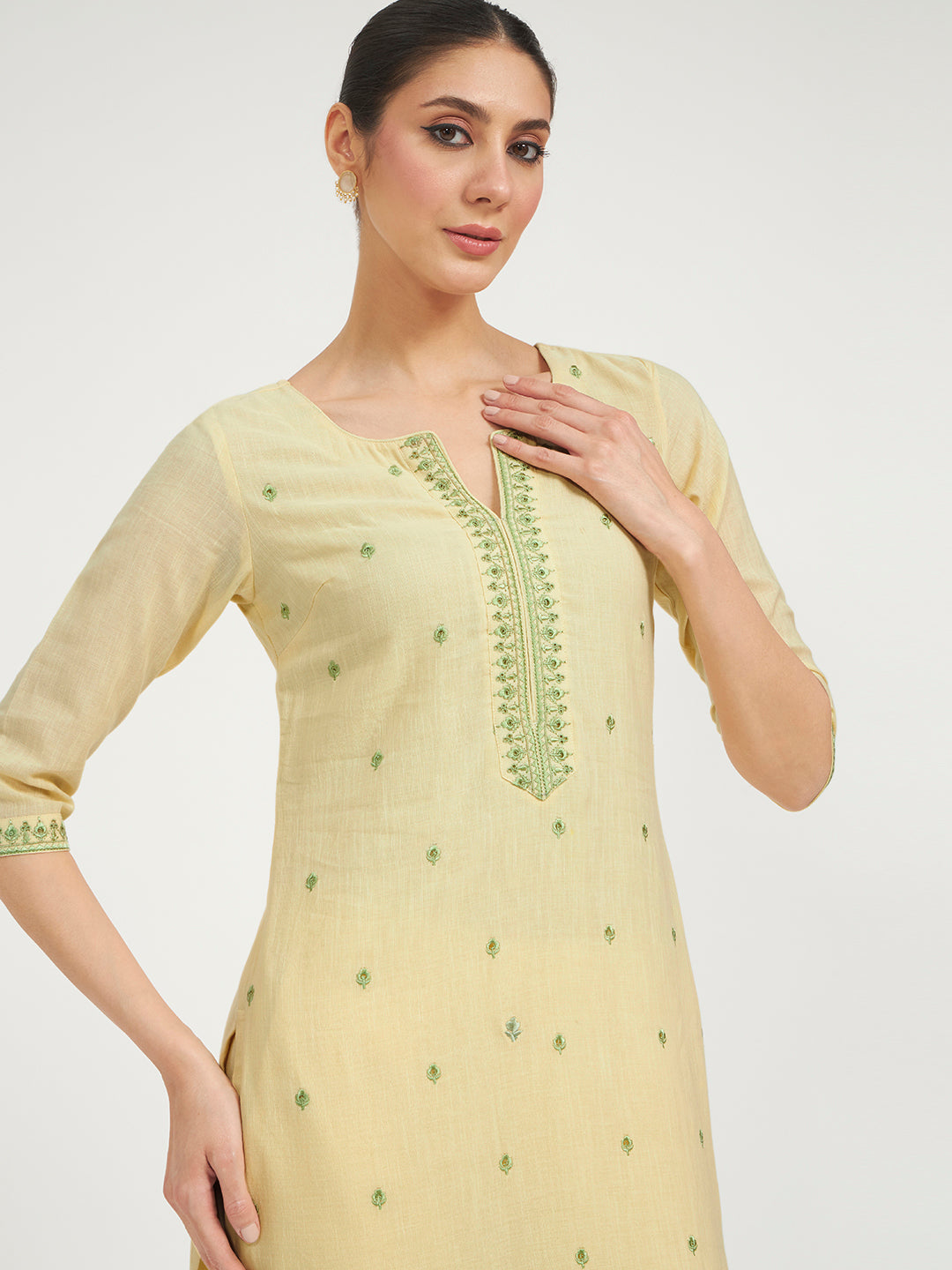 FIORRA Women Lemon Yellow Embroidered Linen Kurta Set with Dupatta