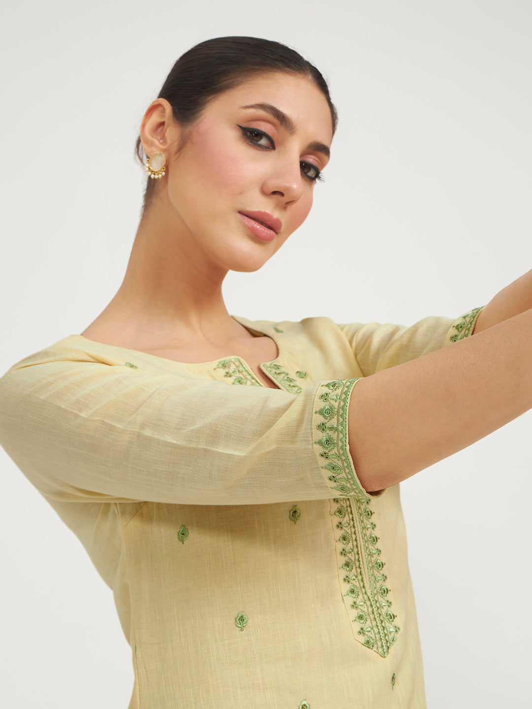 FIORRA Women Lemon Yellow Embroidered Linen Kurta Set with Dupatta