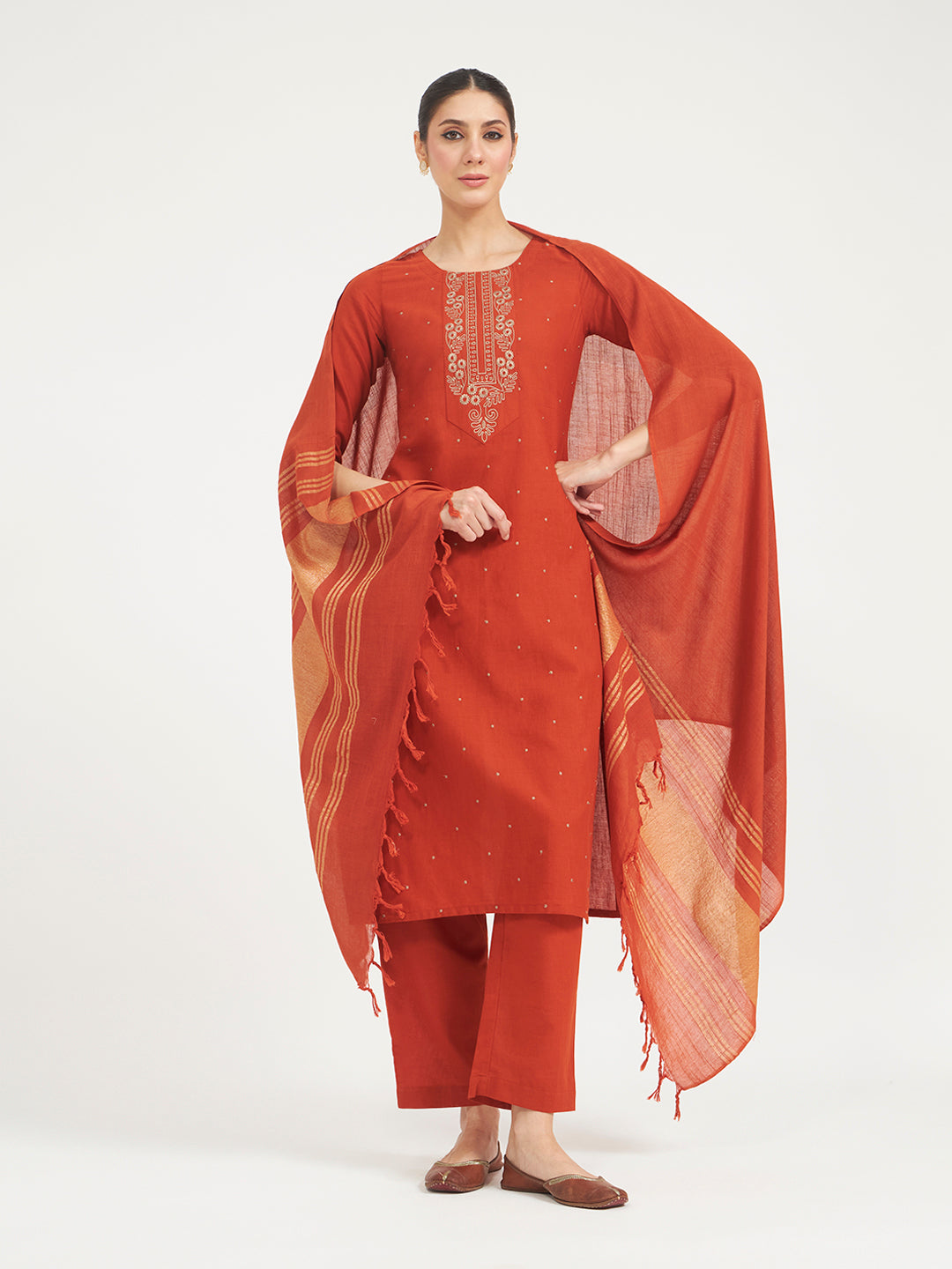 FIORRA Women Rust Embroidered Linen Kurta Set with Dupatta