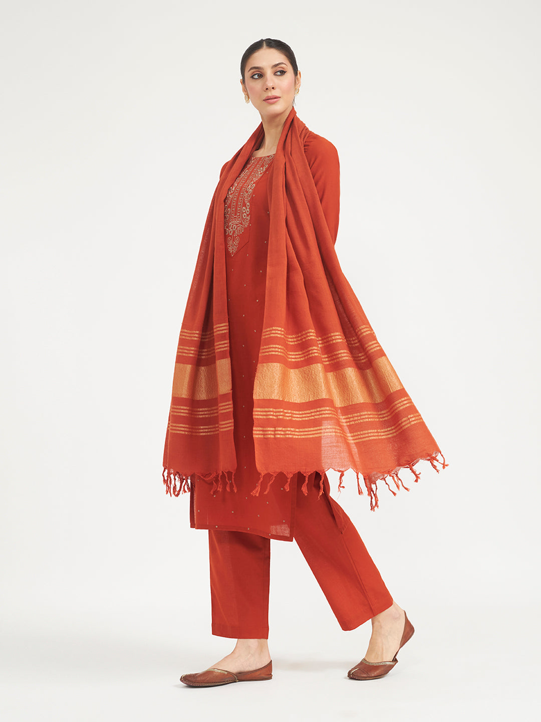 FIORRA Women Rust Embroidered Linen Kurta Set with Dupatta