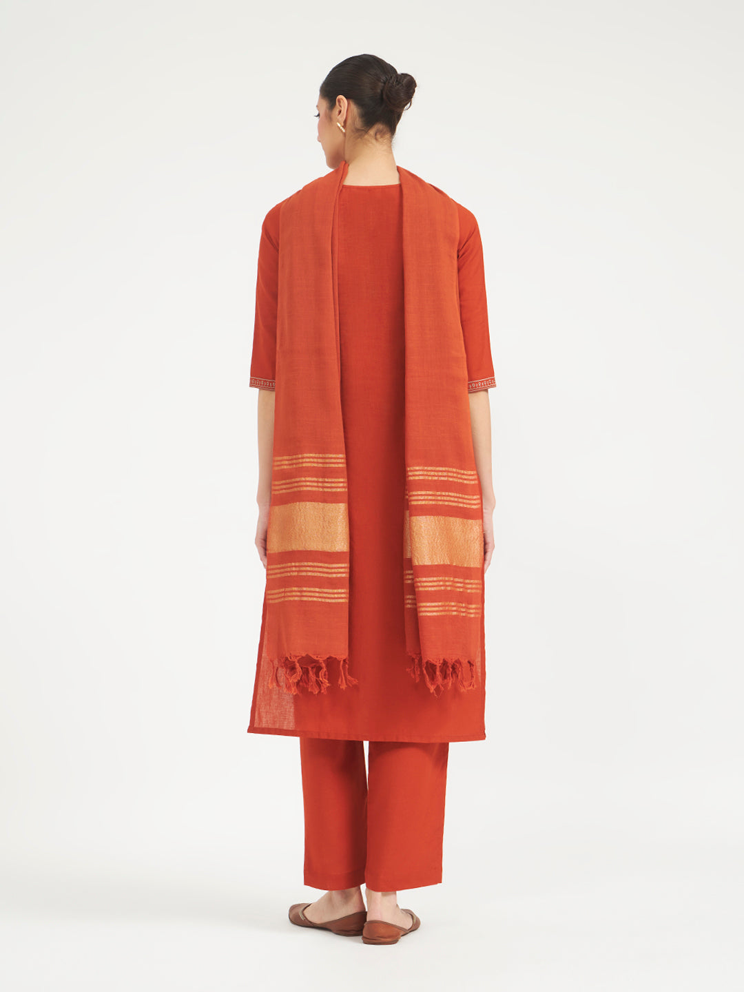 FIORRA Women Rust Embroidered Linen Kurta Set with Dupatta