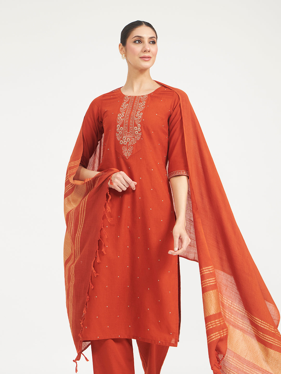 FIORRA Women Rust Embroidered Linen Kurta Set with Dupatta
