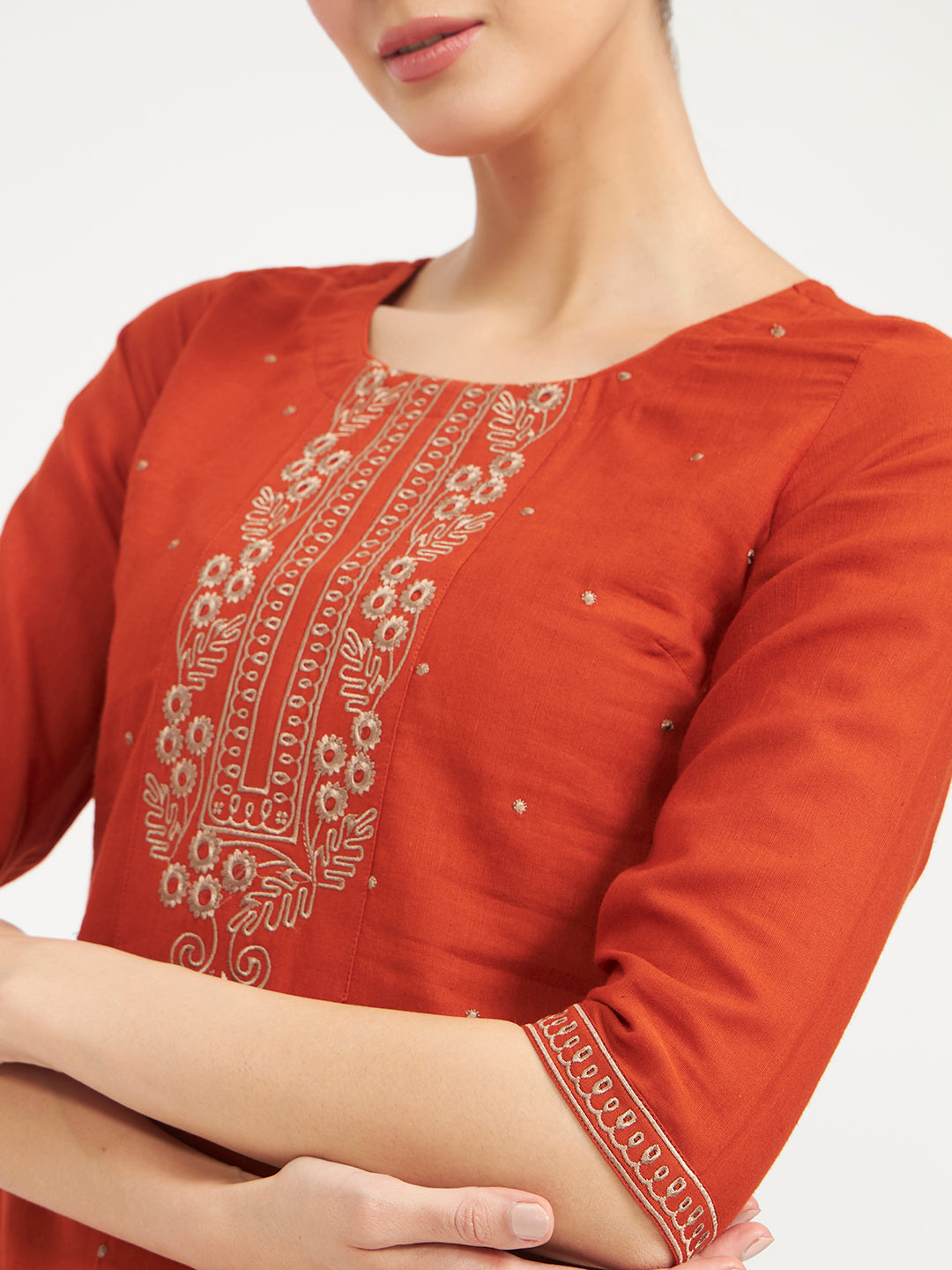 FIORRA Women Rust Embroidered Linen Kurta Set with Dupatta