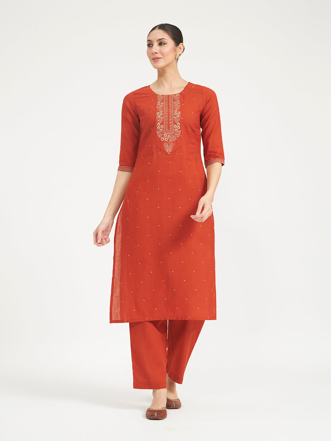 FIORRA Women Rust Embroidered Linen Kurta Set with Dupatta