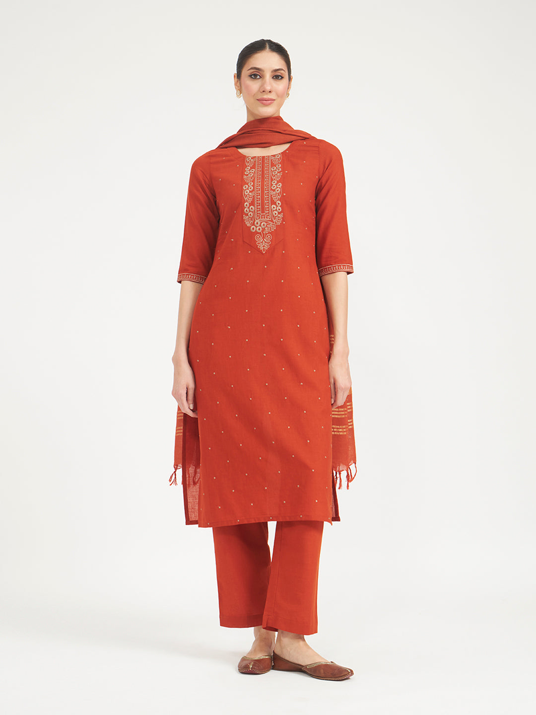 FIORRA Women Rust Embroidered Linen Kurta Set with Dupatta